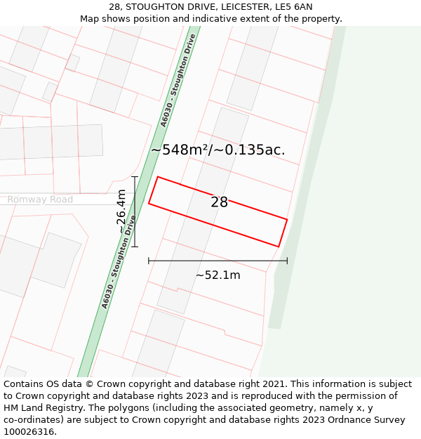 28, STOUGHTON DRIVE, LEICESTER, LE5 6AN: Plot and title map