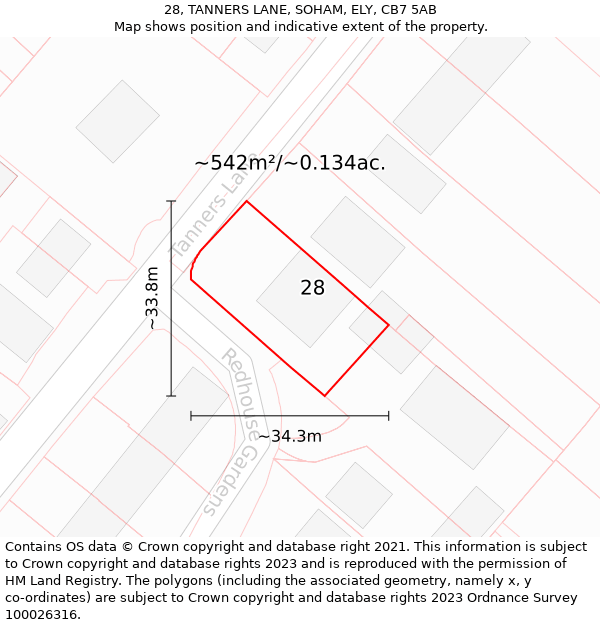 28, TANNERS LANE, SOHAM, ELY, CB7 5AB: Plot and title map