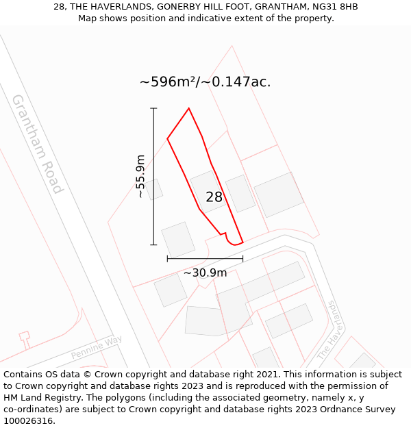 28, THE HAVERLANDS, GONERBY HILL FOOT, GRANTHAM, NG31 8HB: Plot and title map