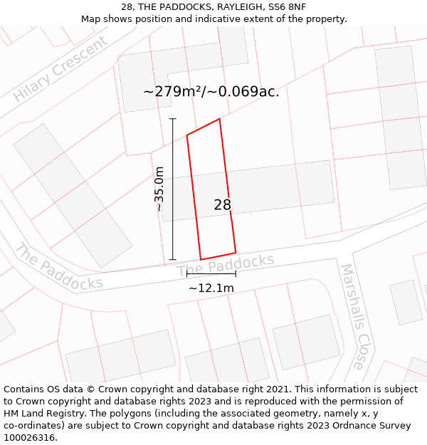 28, THE PADDOCKS, RAYLEIGH, SS6 8NF: Plot and title map