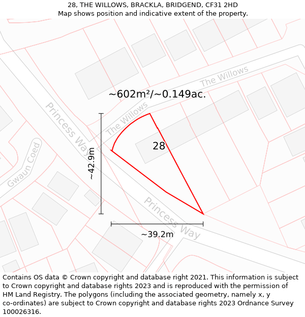 28, THE WILLOWS, BRACKLA, BRIDGEND, CF31 2HD: Plot and title map