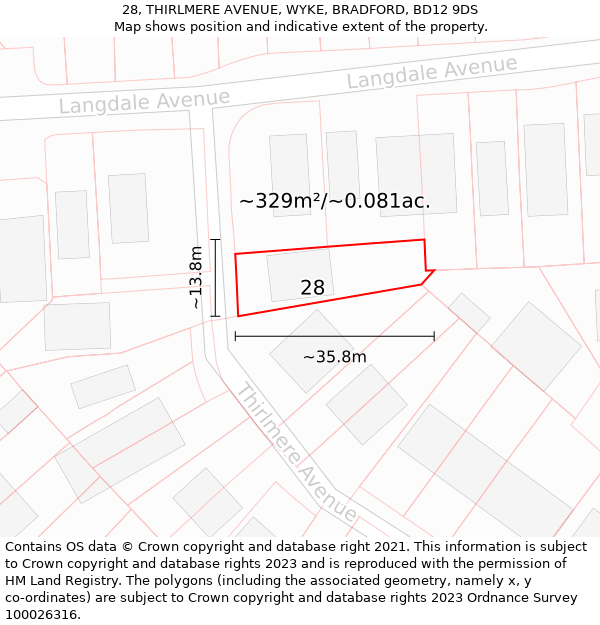 28, THIRLMERE AVENUE, WYKE, BRADFORD, BD12 9DS: Plot and title map