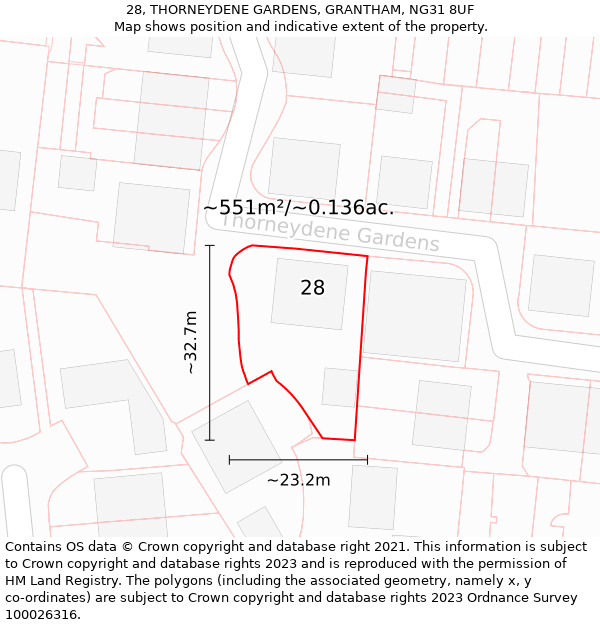 28, THORNEYDENE GARDENS, GRANTHAM, NG31 8UF: Plot and title map