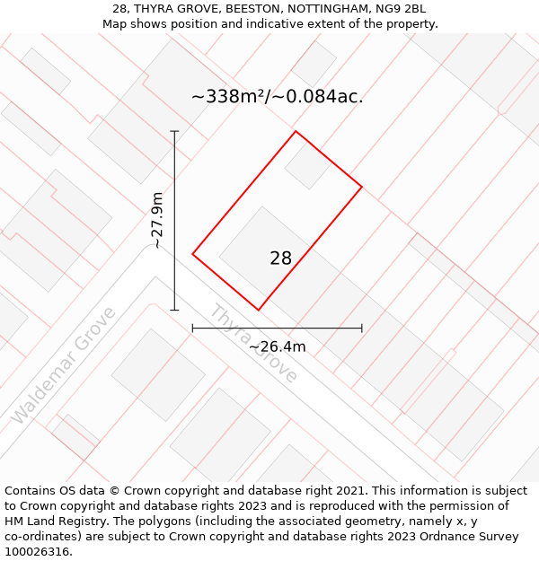 28, THYRA GROVE, BEESTON, NOTTINGHAM, NG9 2BL: Plot and title map