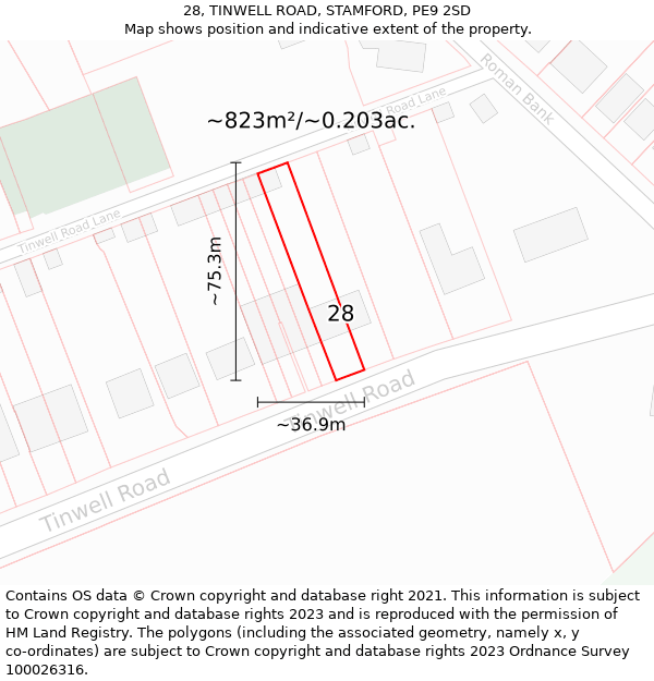 28, TINWELL ROAD, STAMFORD, PE9 2SD: Plot and title map