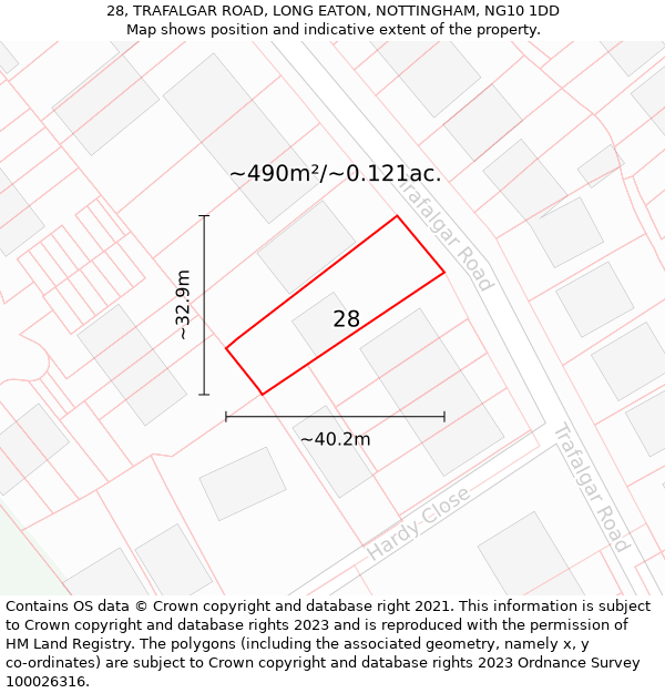 28, TRAFALGAR ROAD, LONG EATON, NOTTINGHAM, NG10 1DD: Plot and title map