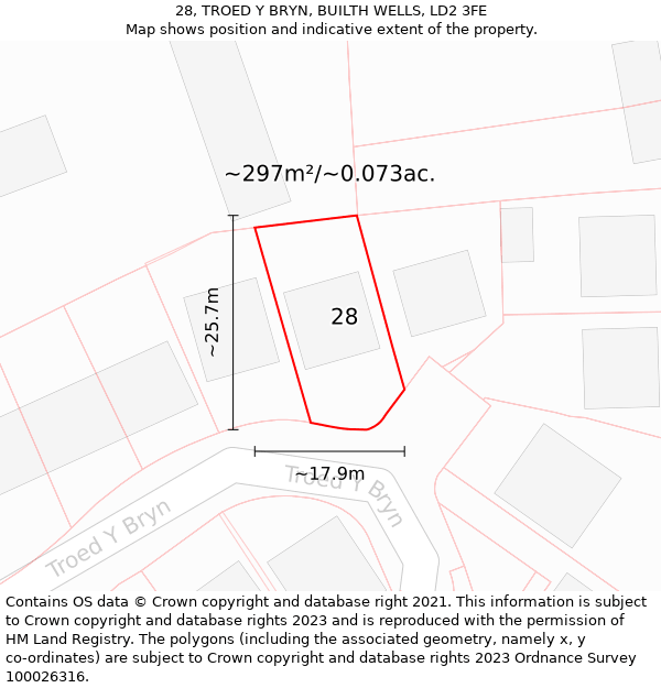 28, TROED Y BRYN, BUILTH WELLS, LD2 3FE: Plot and title map