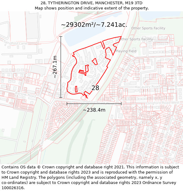 28, TYTHERINGTON DRIVE, MANCHESTER, M19 3TD: Plot and title map