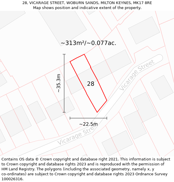 28, VICARAGE STREET, WOBURN SANDS, MILTON KEYNES, MK17 8RE: Plot and title map