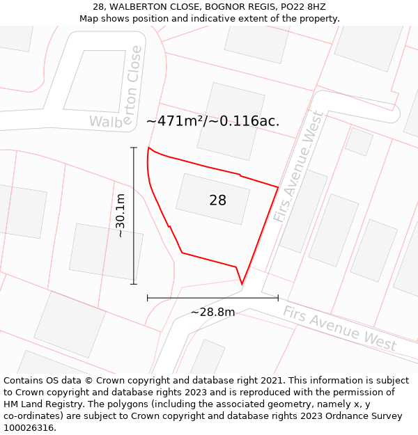 28, WALBERTON CLOSE, BOGNOR REGIS, PO22 8HZ: Plot and title map