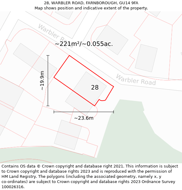 28, WARBLER ROAD, FARNBOROUGH, GU14 9FA: Plot and title map