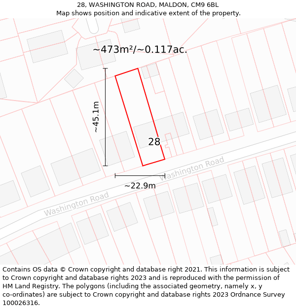 28, WASHINGTON ROAD, MALDON, CM9 6BL: Plot and title map