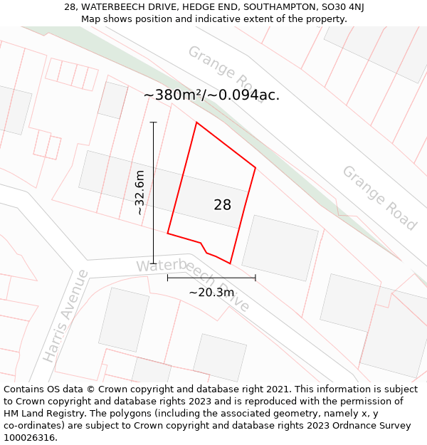 28, WATERBEECH DRIVE, HEDGE END, SOUTHAMPTON, SO30 4NJ: Plot and title map