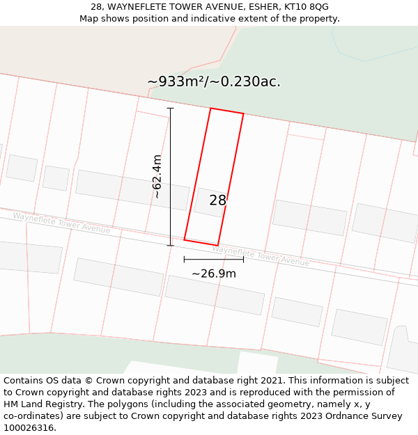 28, WAYNEFLETE TOWER AVENUE, ESHER, KT10 8QG: Plot and title map