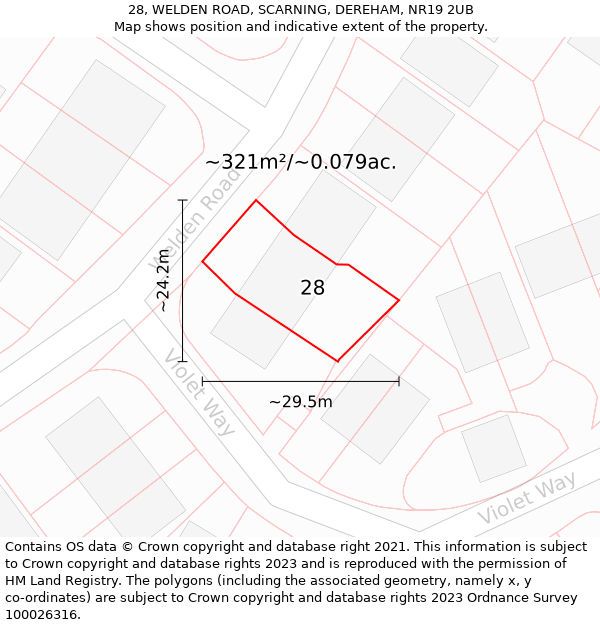 28, WELDEN ROAD, SCARNING, DEREHAM, NR19 2UB: Plot and title map