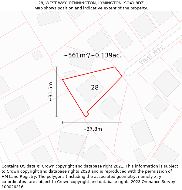 28, WEST WAY, PENNINGTON, LYMINGTON, SO41 8DZ: Plot and title map