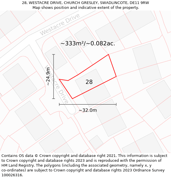 28, WESTACRE DRIVE, CHURCH GRESLEY, SWADLINCOTE, DE11 9RW: Plot and title map
