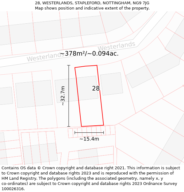 28, WESTERLANDS, STAPLEFORD, NOTTINGHAM, NG9 7JG: Plot and title map