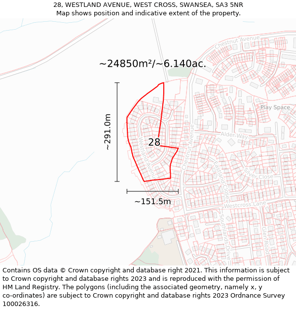 28, WESTLAND AVENUE, WEST CROSS, SWANSEA, SA3 5NR: Plot and title map