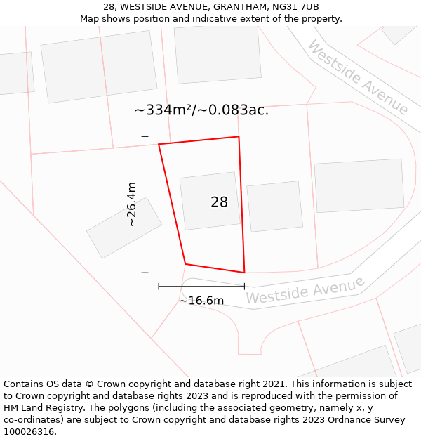 28, WESTSIDE AVENUE, GRANTHAM, NG31 7UB: Plot and title map