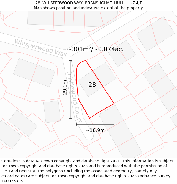 28, WHISPERWOOD WAY, BRANSHOLME, HULL, HU7 4JT: Plot and title map
