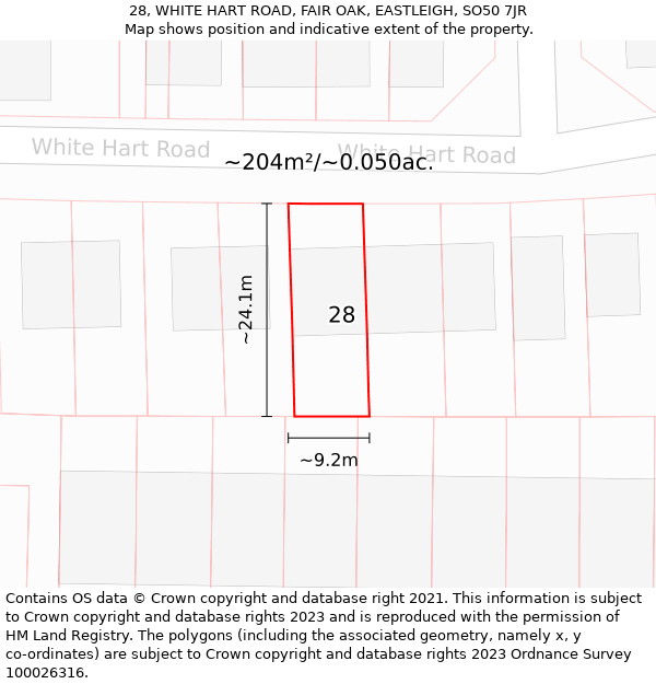 28, WHITE HART ROAD, FAIR OAK, EASTLEIGH, SO50 7JR: Plot and title map