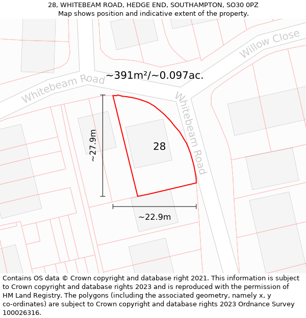 28, WHITEBEAM ROAD, HEDGE END, SOUTHAMPTON, SO30 0PZ: Plot and title map