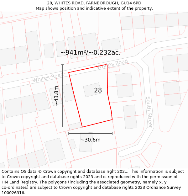 28, WHITES ROAD, FARNBOROUGH, GU14 6PD: Plot and title map