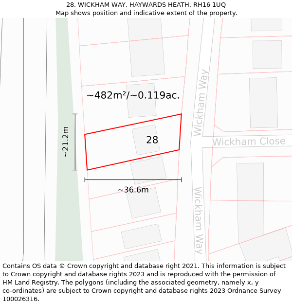 28, WICKHAM WAY, HAYWARDS HEATH, RH16 1UQ: Plot and title map