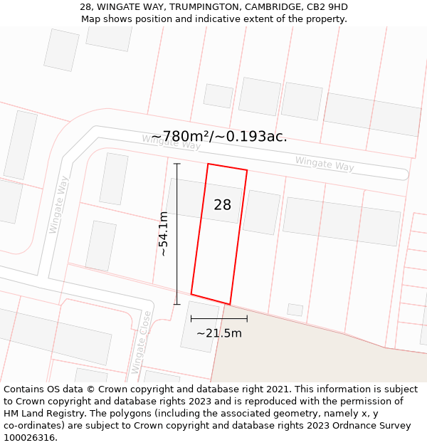 28, WINGATE WAY, TRUMPINGTON, CAMBRIDGE, CB2 9HD: Plot and title map