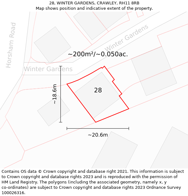 28, WINTER GARDENS, CRAWLEY, RH11 8RB: Plot and title map