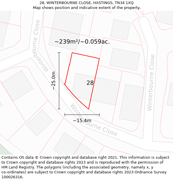 28, WINTERBOURNE CLOSE, HASTINGS, TN34 1XQ: Plot and title map