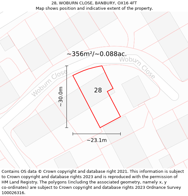 28, WOBURN CLOSE, BANBURY, OX16 4FT: Plot and title map