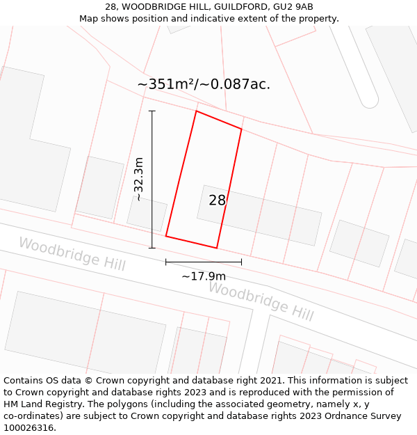 28, WOODBRIDGE HILL, GUILDFORD, GU2 9AB: Plot and title map