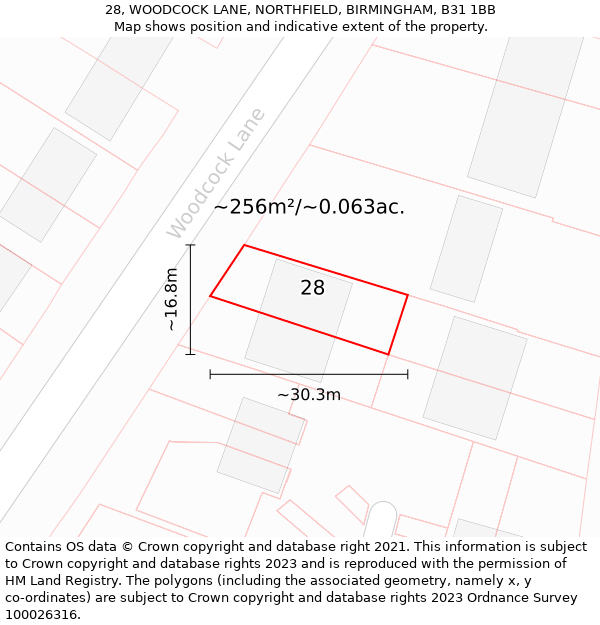 28, WOODCOCK LANE, NORTHFIELD, BIRMINGHAM, B31 1BB: Plot and title map