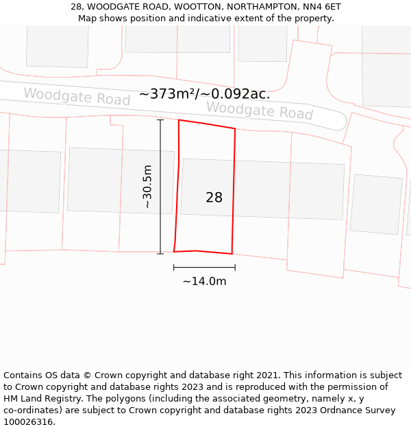 28, WOODGATE ROAD, WOOTTON, NORTHAMPTON, NN4 6ET: Plot and title map