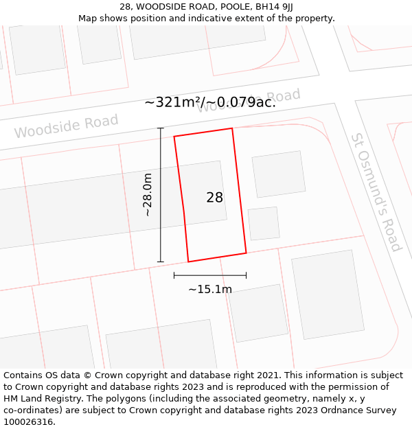 28, WOODSIDE ROAD, POOLE, BH14 9JJ: Plot and title map