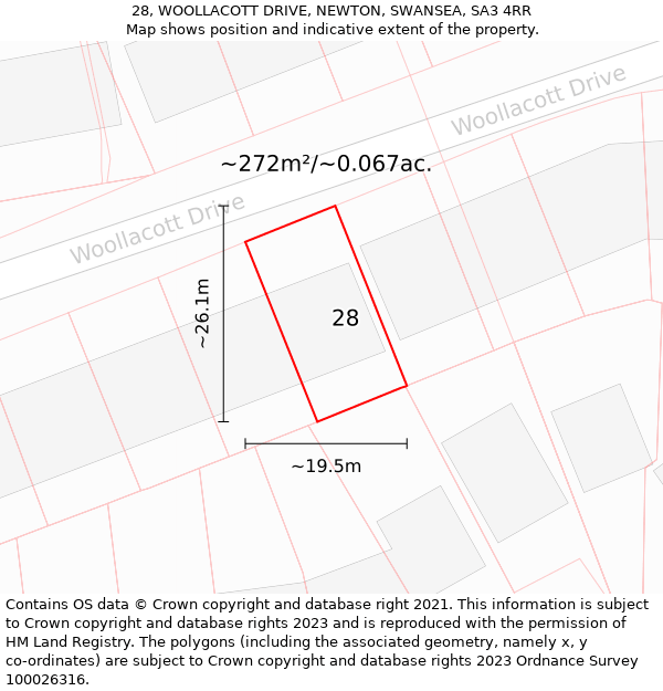 28, WOOLLACOTT DRIVE, NEWTON, SWANSEA, SA3 4RR: Plot and title map