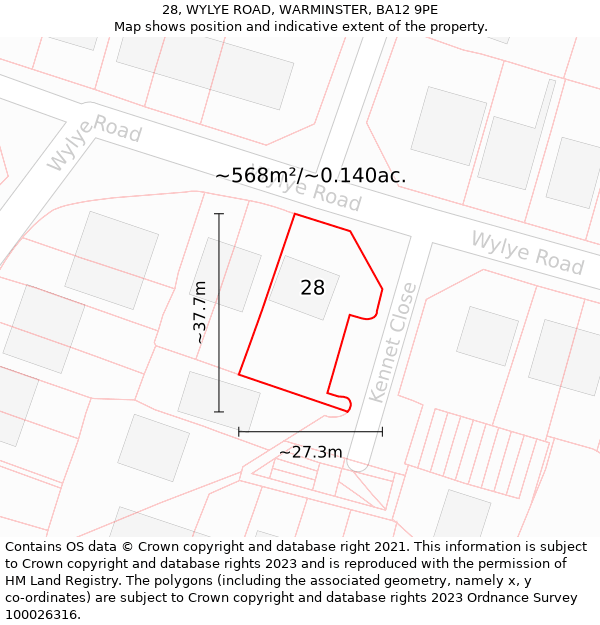 28, WYLYE ROAD, WARMINSTER, BA12 9PE: Plot and title map