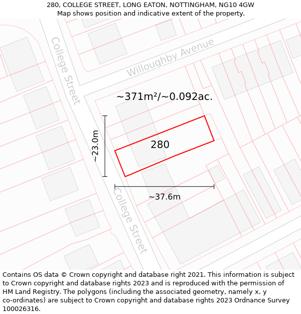 280, COLLEGE STREET, LONG EATON, NOTTINGHAM, NG10 4GW: Plot and title map