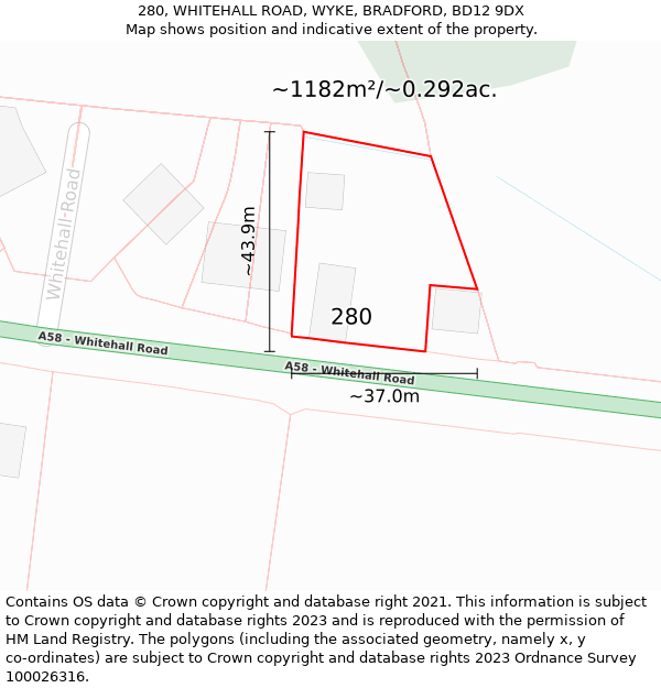 280, WHITEHALL ROAD, WYKE, BRADFORD, BD12 9DX: Plot and title map