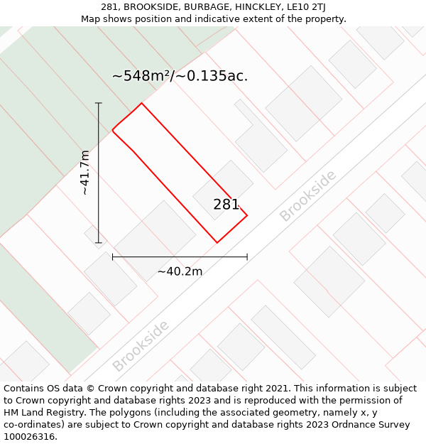 281, BROOKSIDE, BURBAGE, HINCKLEY, LE10 2TJ: Plot and title map