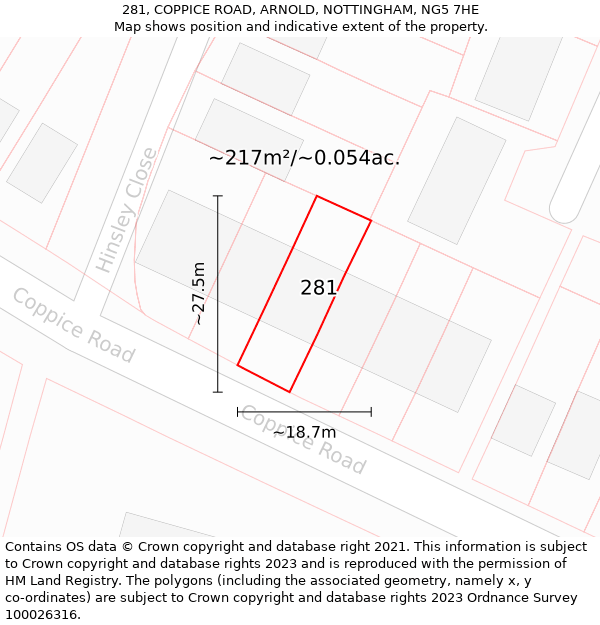 281, COPPICE ROAD, ARNOLD, NOTTINGHAM, NG5 7HE: Plot and title map