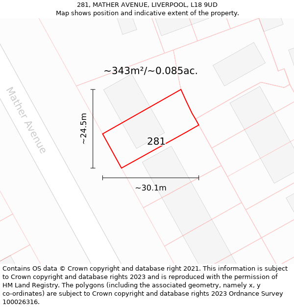 281, MATHER AVENUE, LIVERPOOL, L18 9UD: Plot and title map