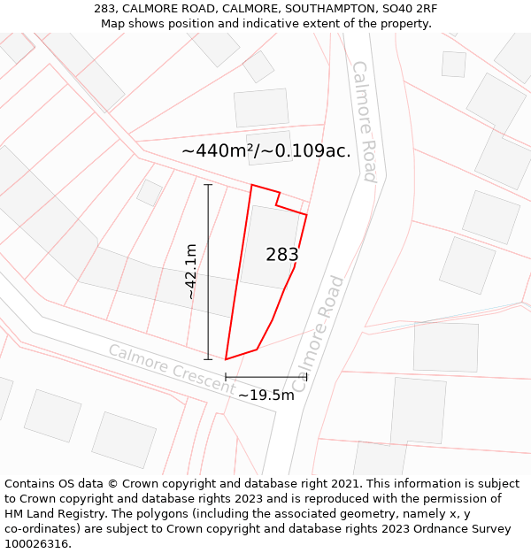 283, CALMORE ROAD, CALMORE, SOUTHAMPTON, SO40 2RF: Plot and title map