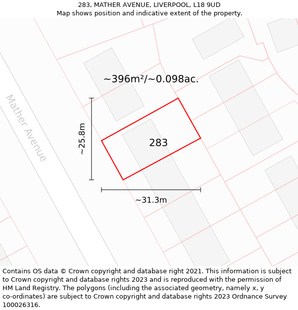 283, MATHER AVENUE, LIVERPOOL, L18 9UD: Plot and title map