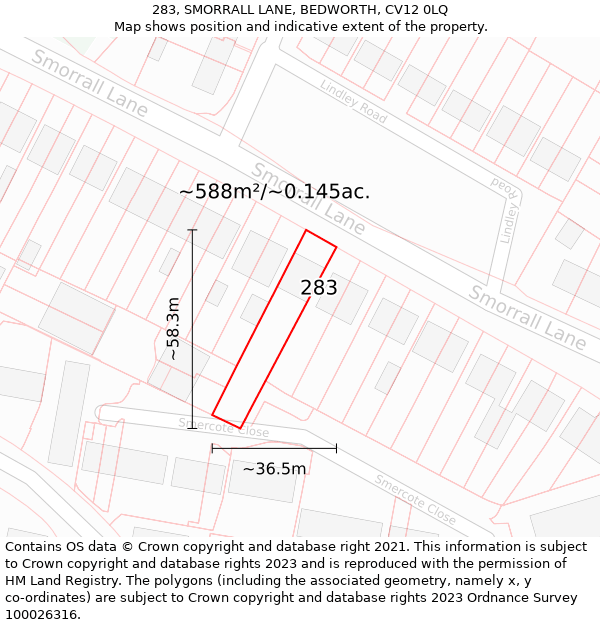 283, SMORRALL LANE, BEDWORTH, CV12 0LQ: Plot and title map