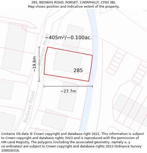 285, BEDWAS ROAD, PORSET, CAERPHILLY, CF83 3BL: Plot and title map