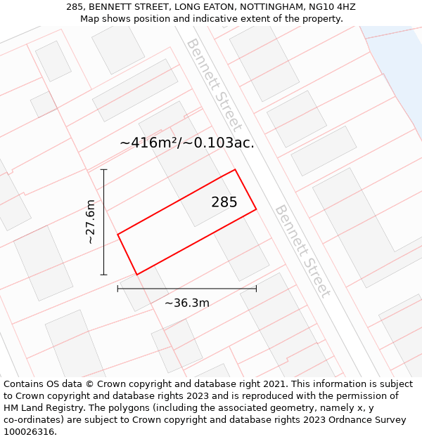 285, BENNETT STREET, LONG EATON, NOTTINGHAM, NG10 4HZ: Plot and title map