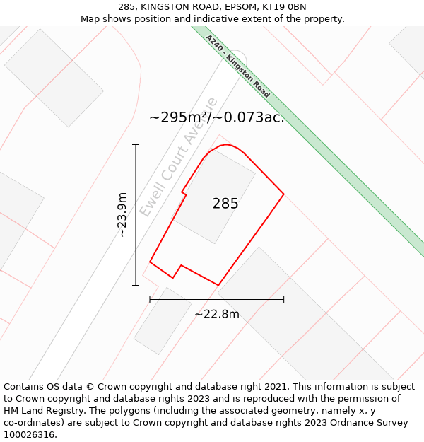 285, KINGSTON ROAD, EPSOM, KT19 0BN: Plot and title map